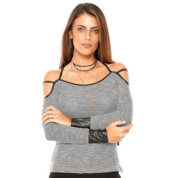 Blusa Zatana Ombro Vazado Cinza Escuro